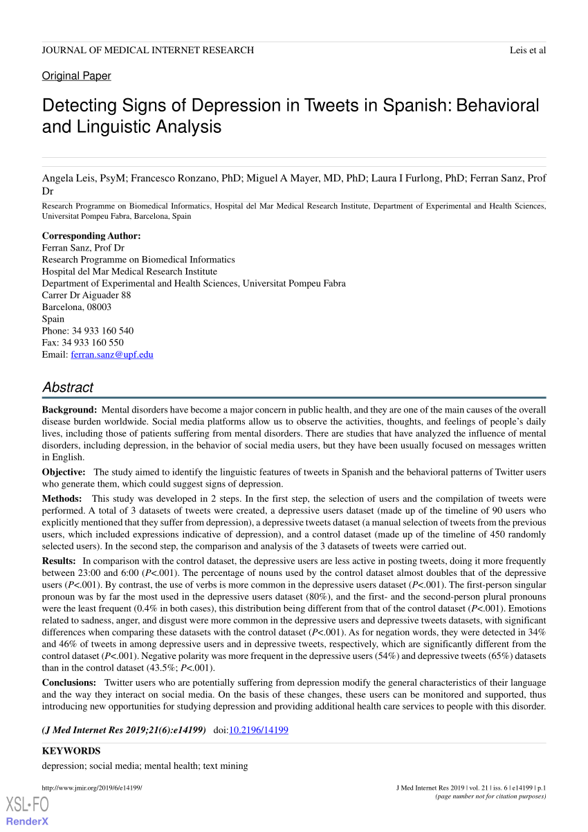 Pdf Detecting Signs Of Depression In Tweets In Spanish Behavioral And Linguistic Analysis