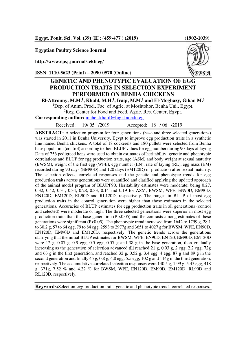 Pdf Genetic And Phenotypic Evaluation Of Egg Production Traits In Selection Experiment Performed On Benha Chickens