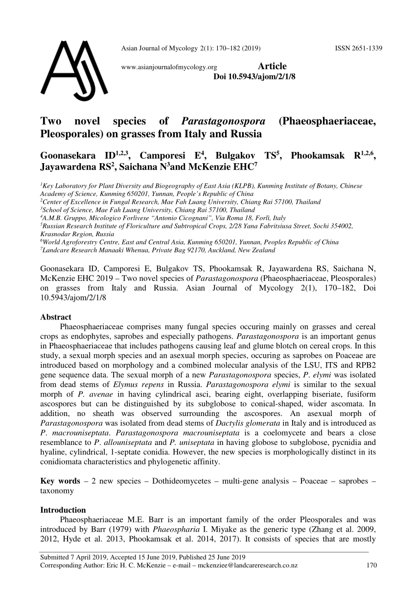 PDF) Two novel species of Parastagonospora (Phaeosphaeriaceae ...