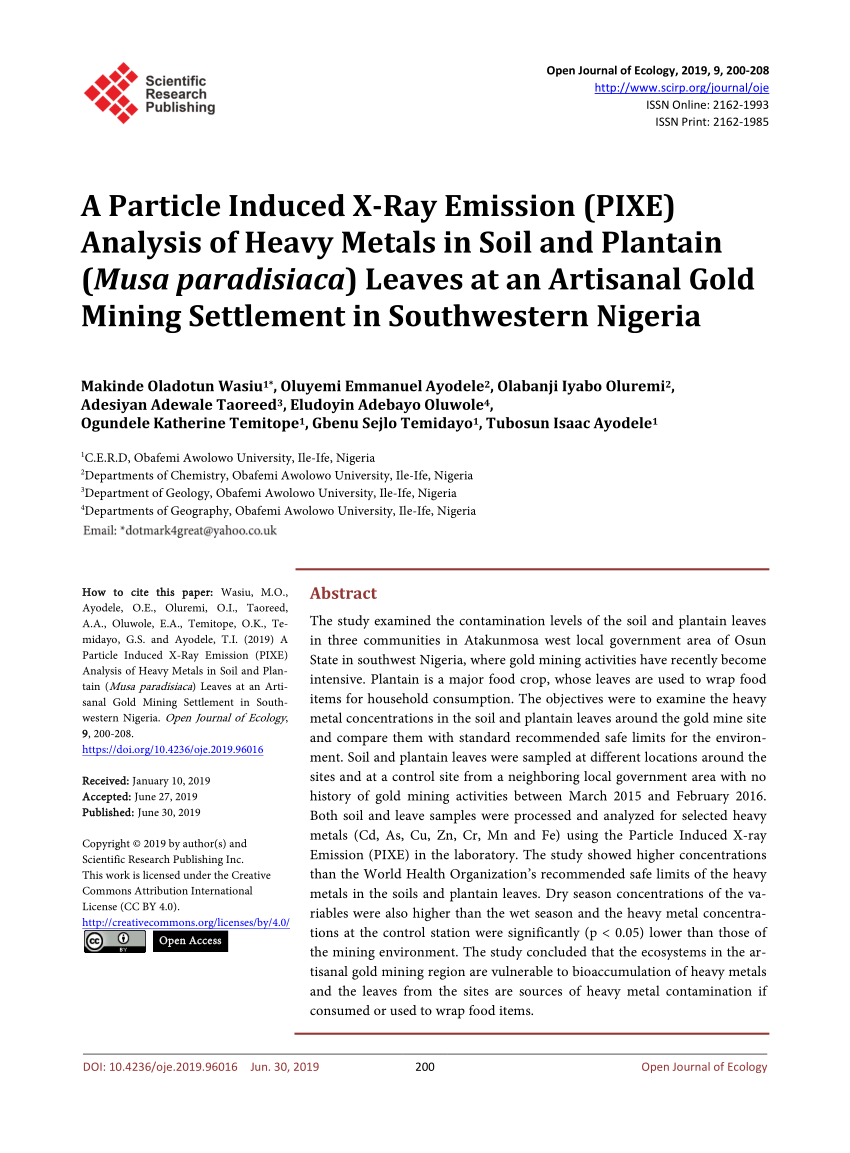 Pdf A Particle Induced X Ray Emission Pixe Analysis Of Heavy Metals In Soil And Plantain Musa Paradisiaca Leaves At An Artisanal Gold Mining Settlement In Southwestern Nigeria