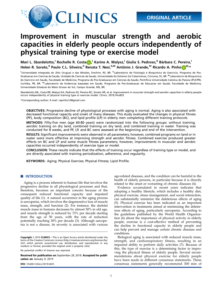 Improvement in muscular strength and aerobic capacities in elderly people occurs physical training type or exercise model