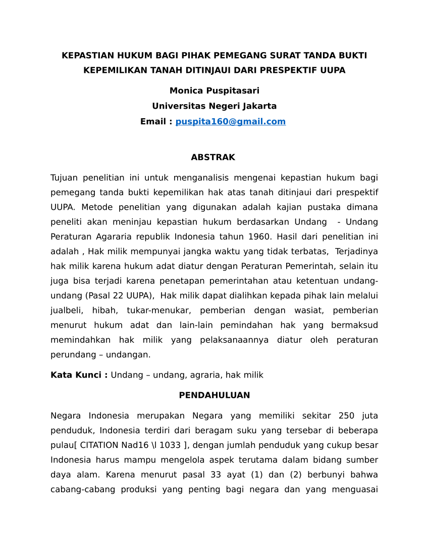 Pdf Kepastian Hukum Bagi Pihak Pemegang Surat Tanda Bukti Kepemilikan