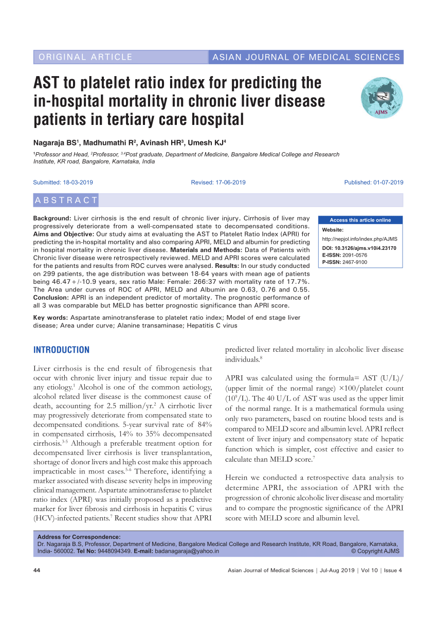 (PDF) AST to platelet ratio index for predicting the in hospital ...