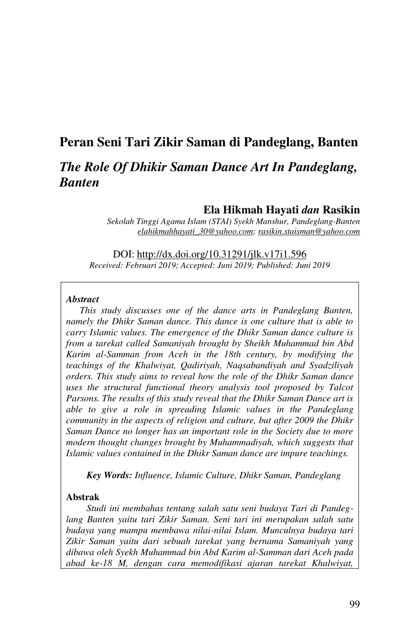 Pdf Peran Seni Tari Zikir Saman Di Pandeglang Banten