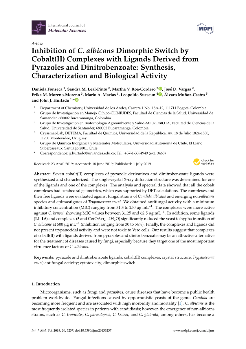 Pdf Inhibition Of C Albicans Dimorphic Switch By Cobalt Ii Complexes With Ligands Derived From Pyrazoles And Dinitrobenzoate Synthesis Characterization And Biological Activity