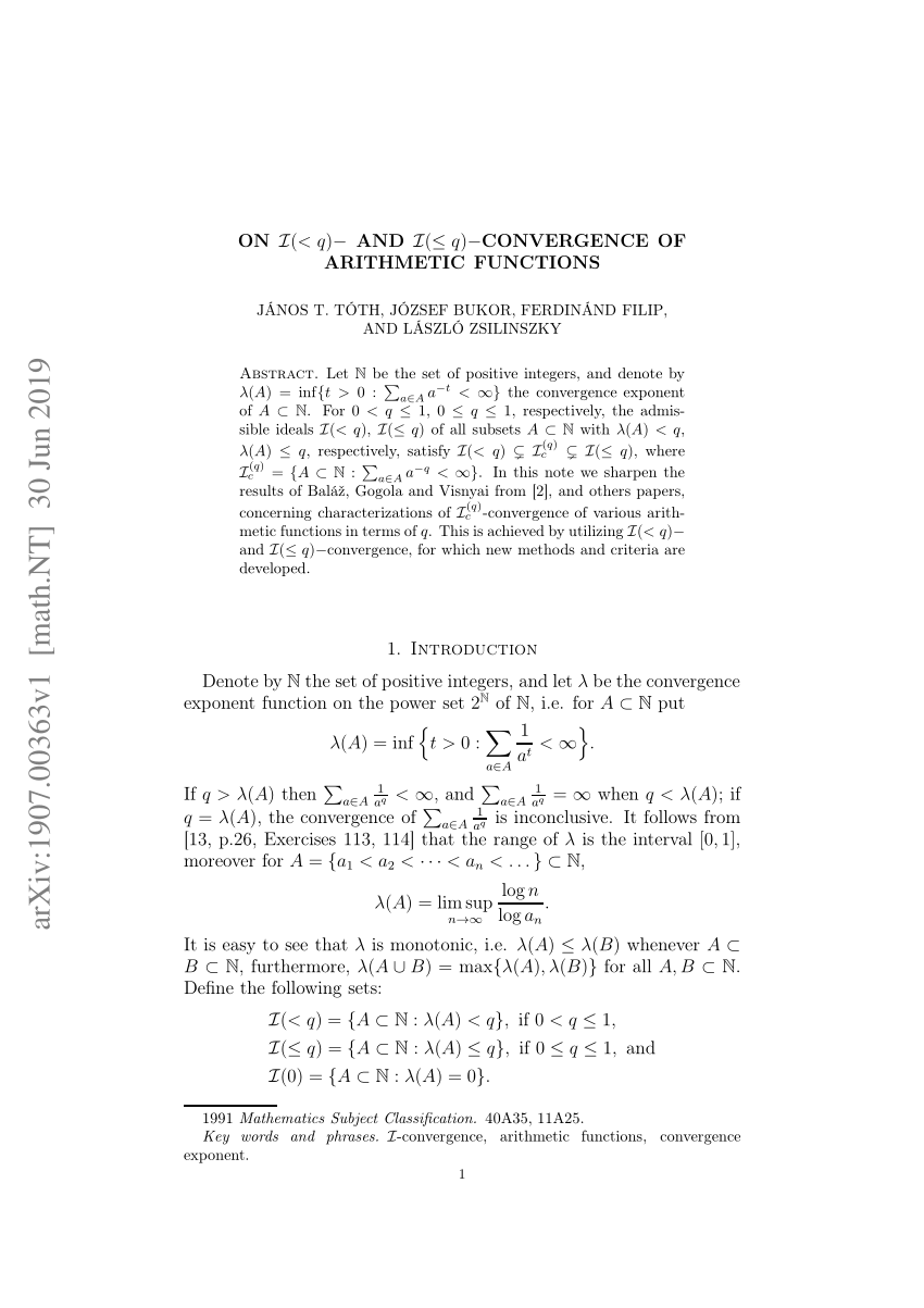 Pdf On Mathcal I Q And Mathcal I Leq Q Convergence Of Arithmetic Functions