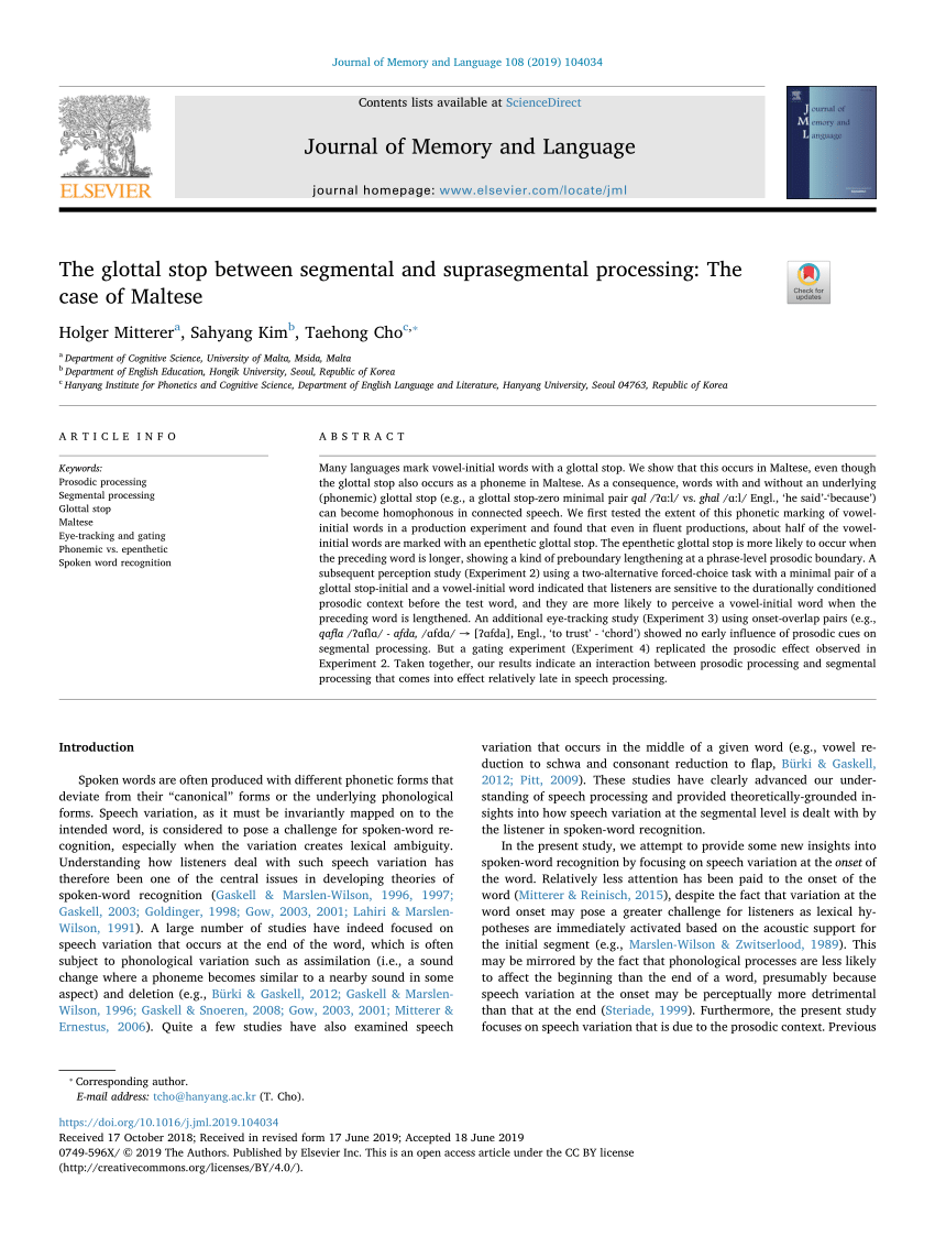 PDF) The glottal stop between segmental and suprasegmental processing: The  case of Maltese