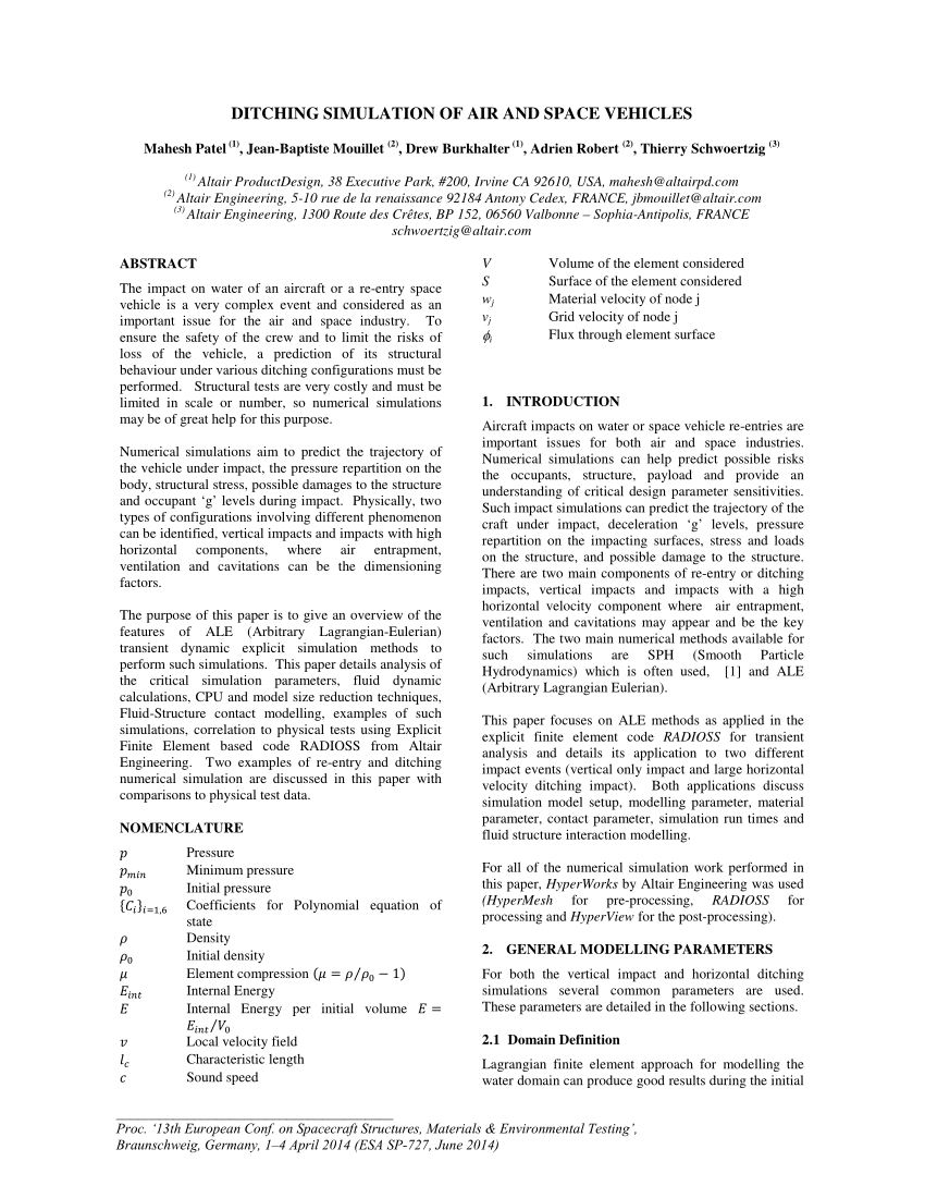 Pdf Ditching Simulation Of Air And Space Vehicles