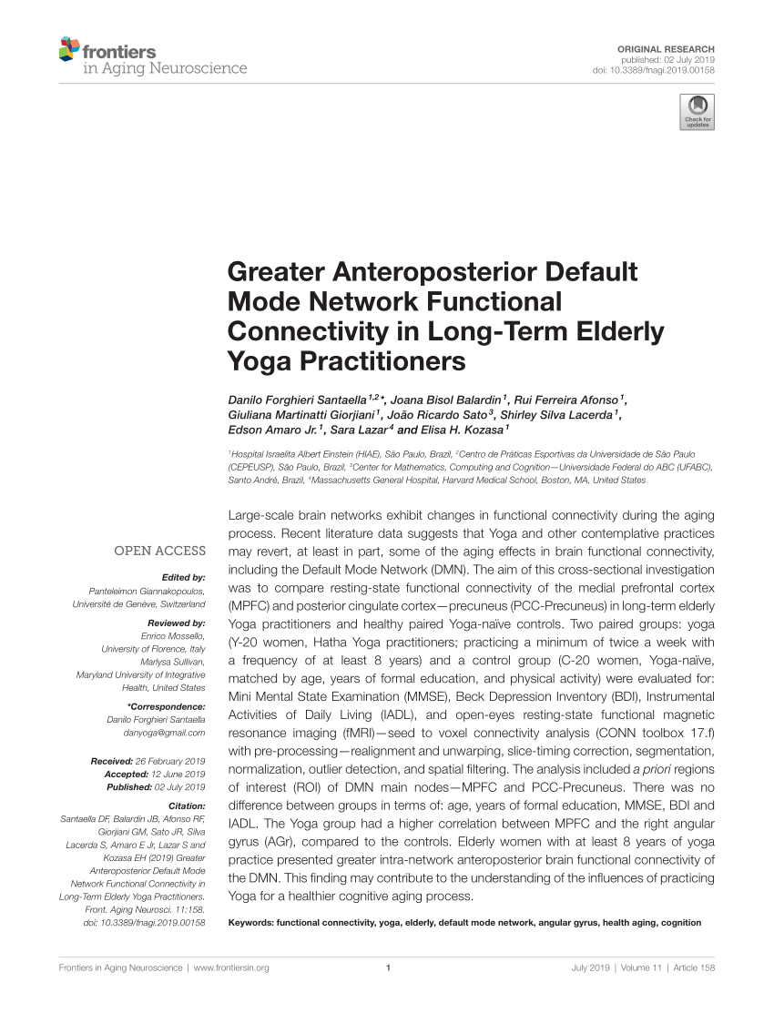 Pdf Greater Anteroposterior Default Mode Network Functional Connectivity In Long Term Elderly Yoga Practitioners