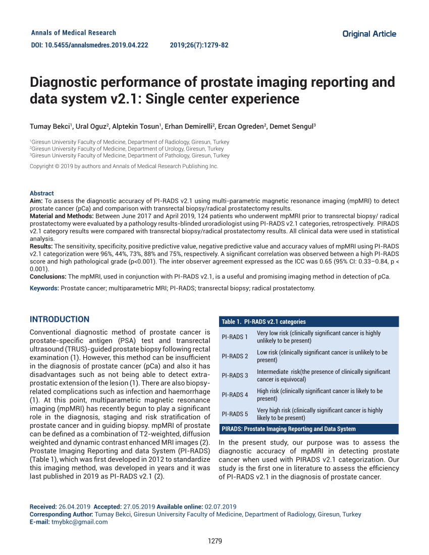 Pdf Diagnostic Performance Of Prostate Imaging Reporting And Data System V21 Single Center 2620