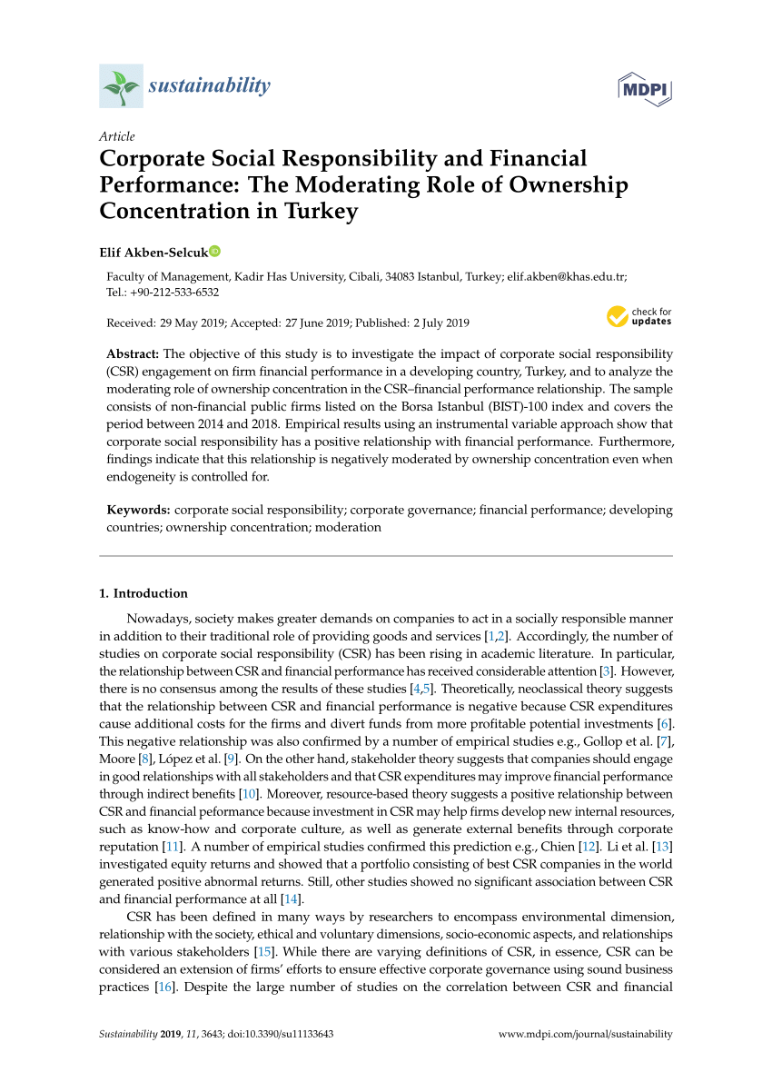pdf corporate social responsibility and financial performance the moderating role of ownership concentration in turkey