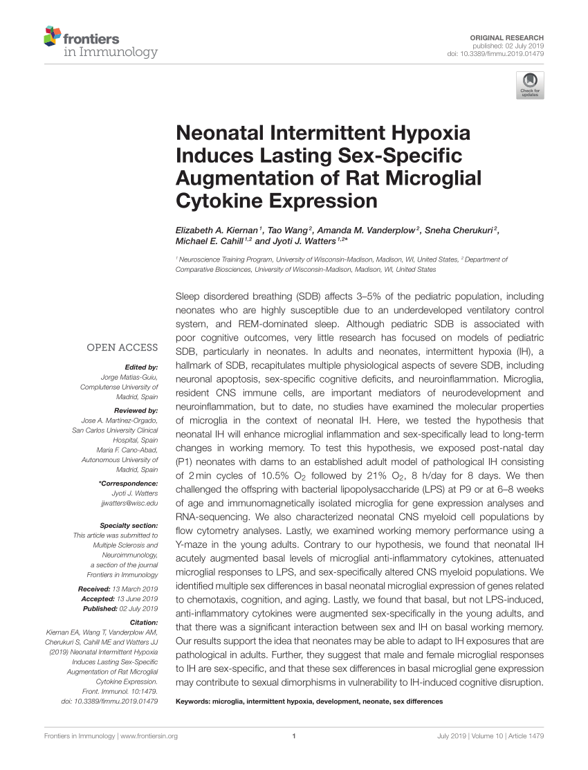 Pdf Neonatal Intermittent Hypoxia Induces Lasting Sex Specific Augmentation Of Rat Microglial 4266