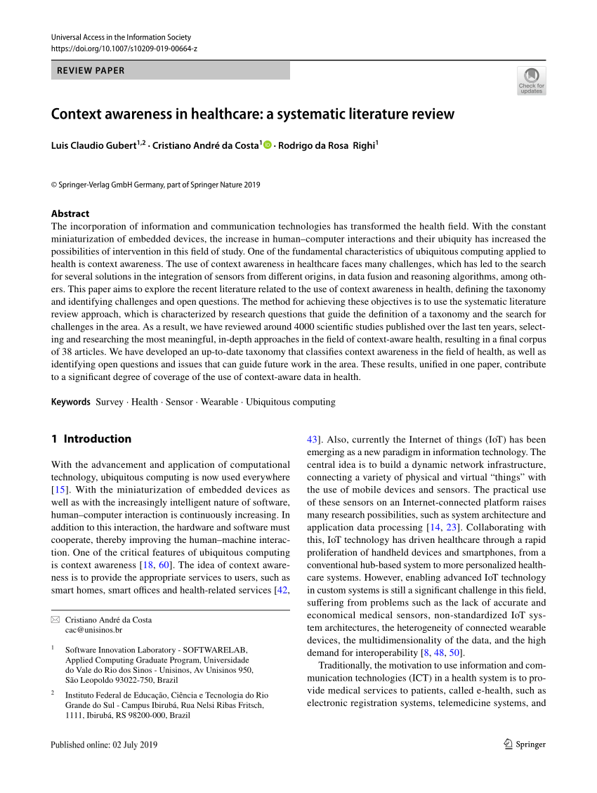 Pdf Context Awareness In Healthcare A Systematic Literature Review