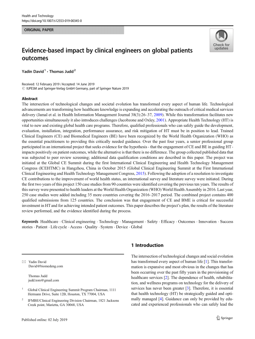 Pdf Evidence Based Impact By Clinical Engineers On Global Patients Outcomes