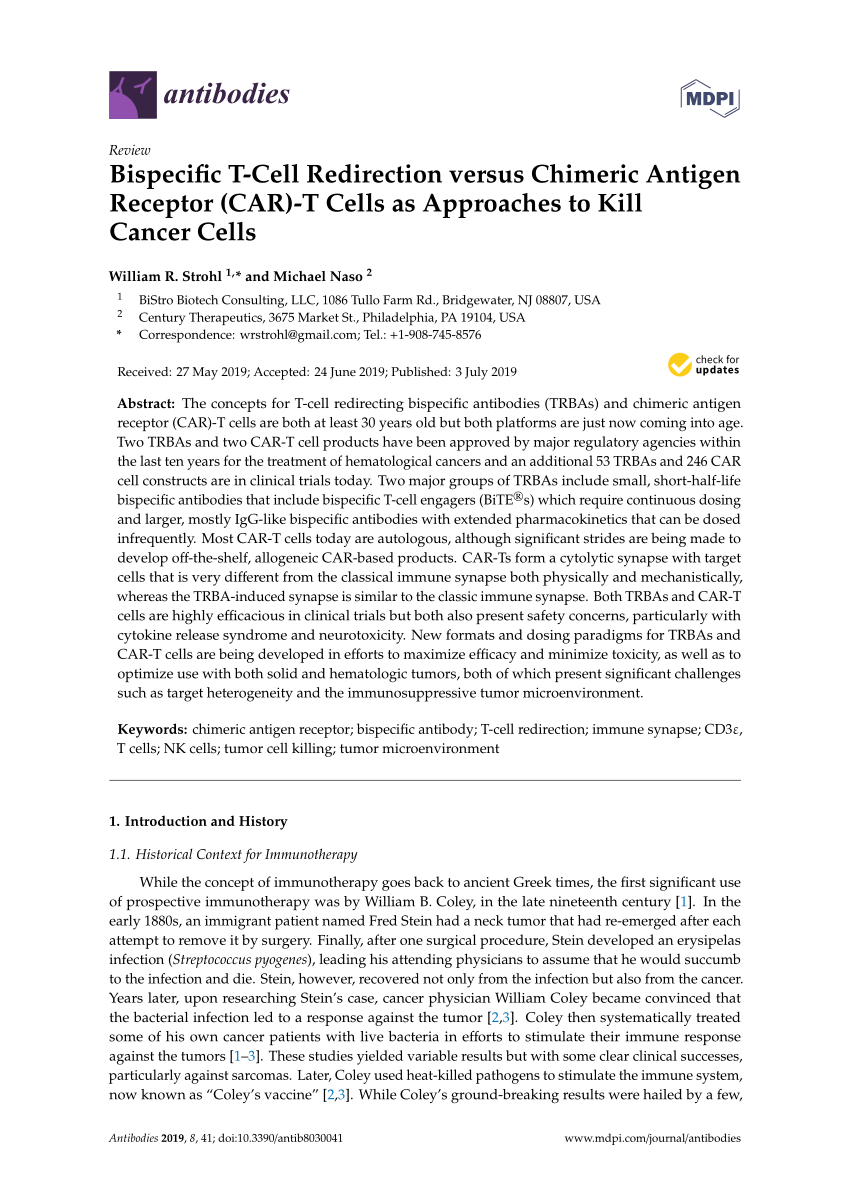 Pdf Bispecific T Cell Redirection Versus Chimeric Antigen Receptor Car T Cells As Approaches To Kill Cancer Cells