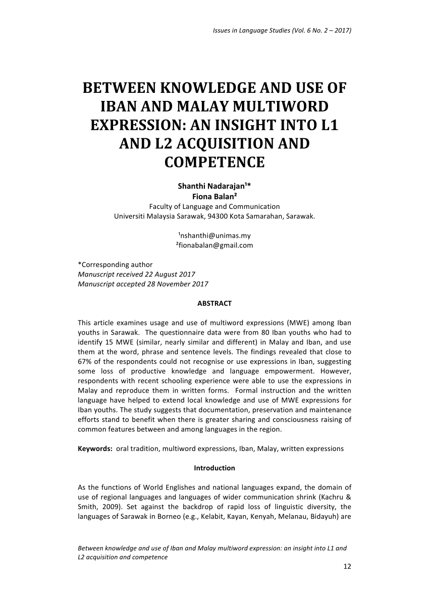 Pdf Between Knowledge And Use Of Iban And Malay Multiword Expression An Insight Into L1 And L2 Acquisition And Competence