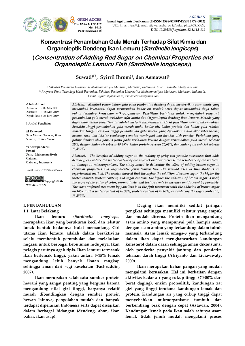 Pdf Konsentrasi Penambahan Gula Merah Terhadap Sifat Kimia Dan Organoleptik Dendeng Ikan 9221