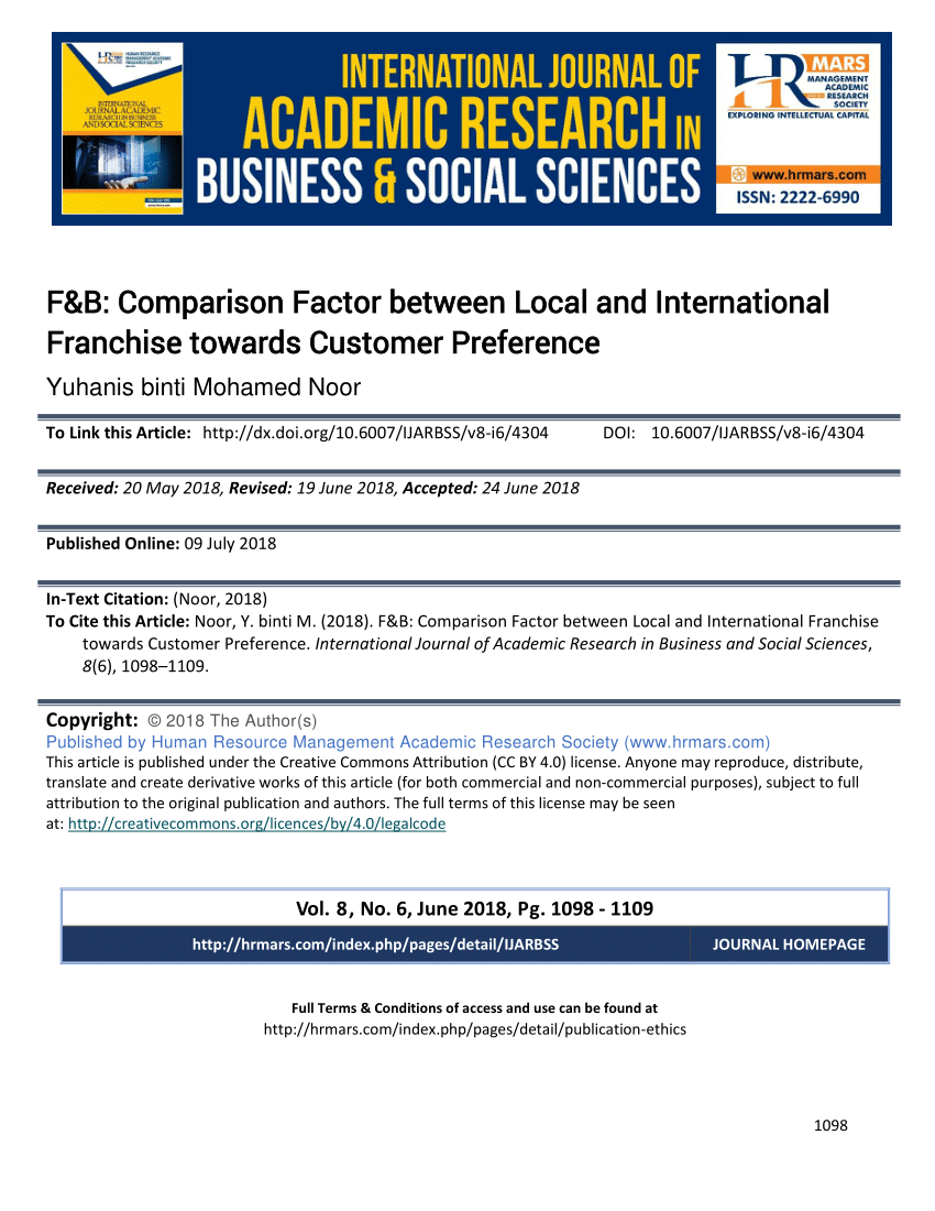 Pdf F B Comparison Factor Between Local And International Franchise Towards Customer Preference