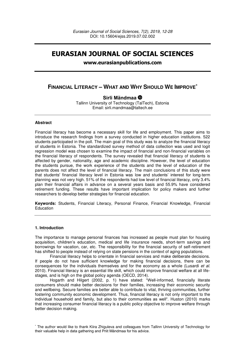 quantitative research paper on financial literacy pdf