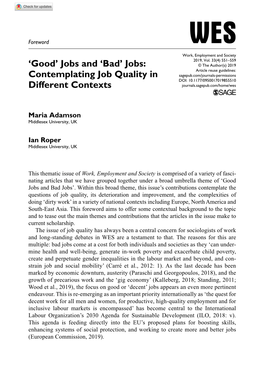 Pdf Good Jobs And Bad Jobs Contemplating Job Quality In Different Contexts