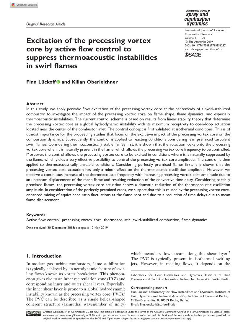 PDF) Excitation of the precessing vortex core by active flow control to  suppress thermoacoustic instabilities in swirl flames