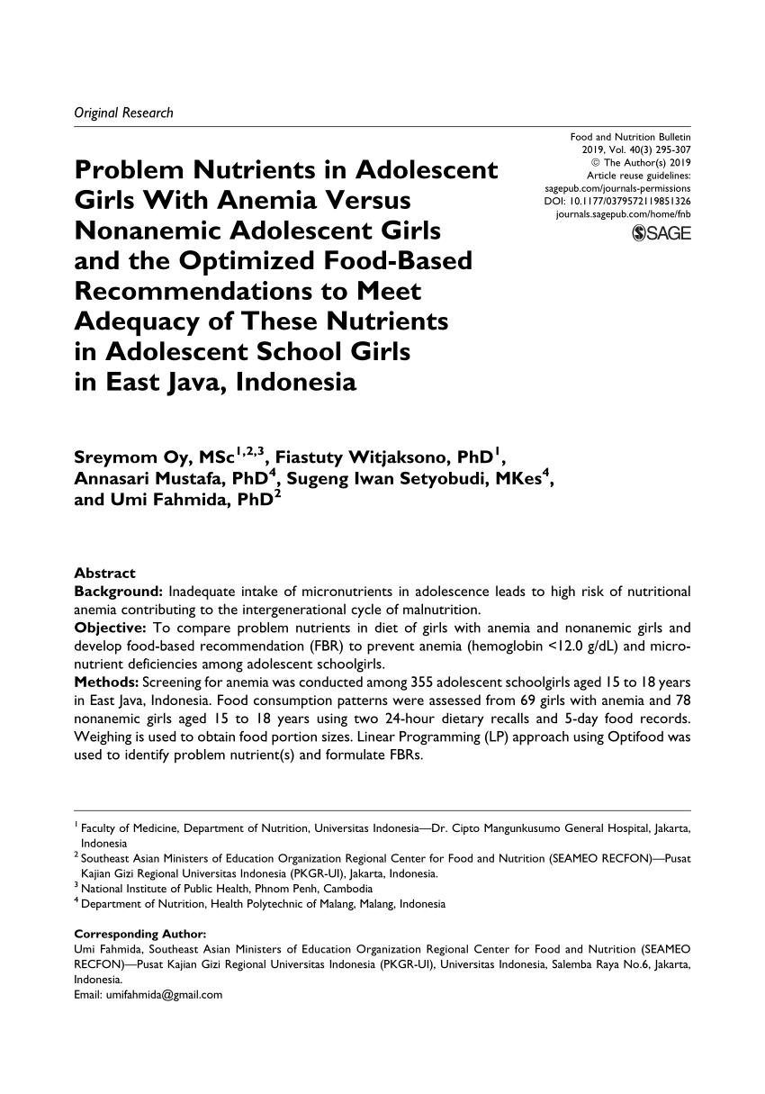 PDF) Problem Nutrients in Adolescent Girls With Anemia Versus Nonanemic Adolescent Girls and the Optimized Food-Based Recommendations to Meet Adequacy of These Nutrients in Adolescent School Girls in East Java, Indonesia