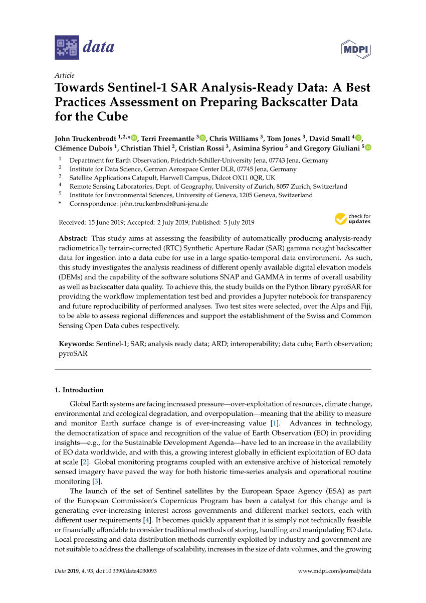 Pdf Towards Sentinel 1 Sar Analysis Ready Data A Best Practices Assessment On Preparing Backscatter Data For The Cube