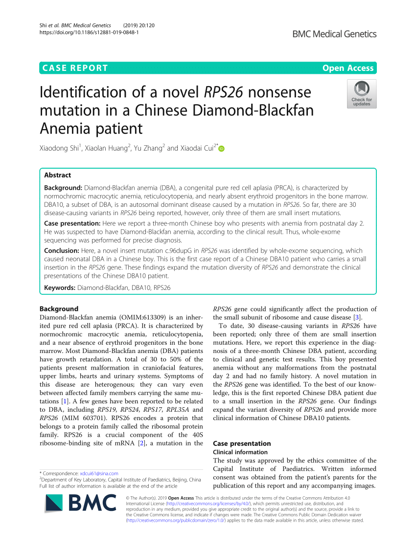 Pdf Identification Of A Novel Rps26 Nonsense Mutation In A