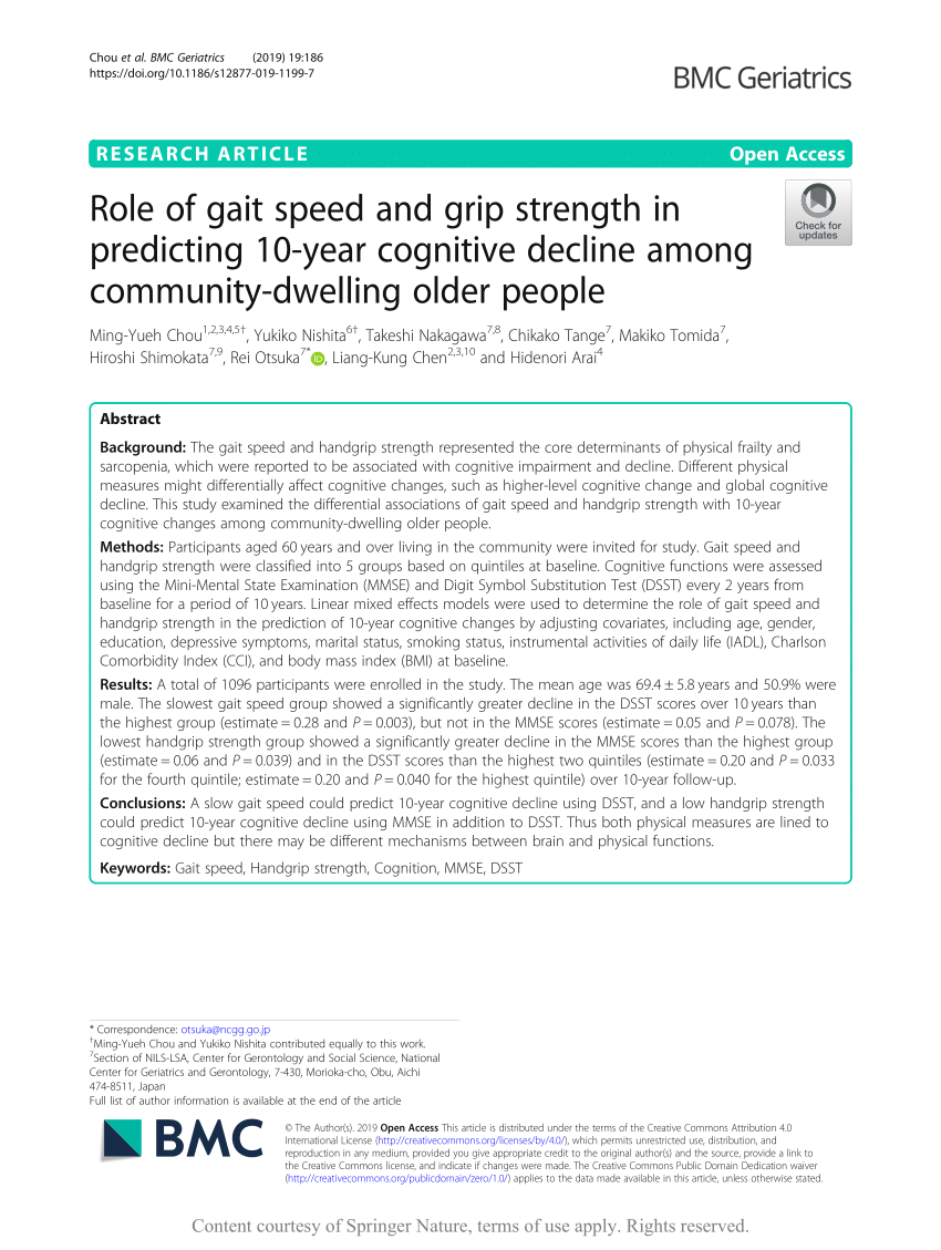 Pdf Role Of Gait Speed And Grip Strength In Predicting 10 Year Cognitive Decline Among Community Dwelling Older People