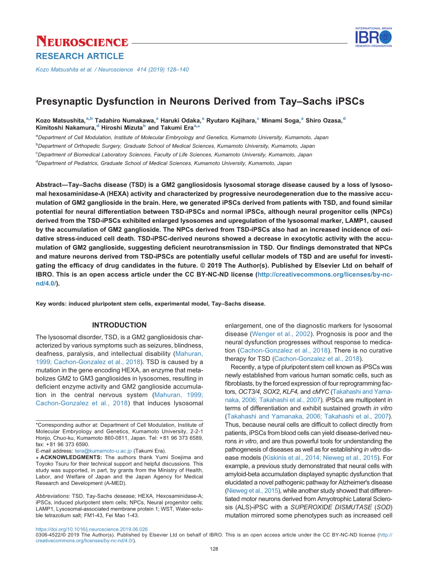 Presynaptic Dysfunction in Neurons Derived from Tay–Sachs iPSCs