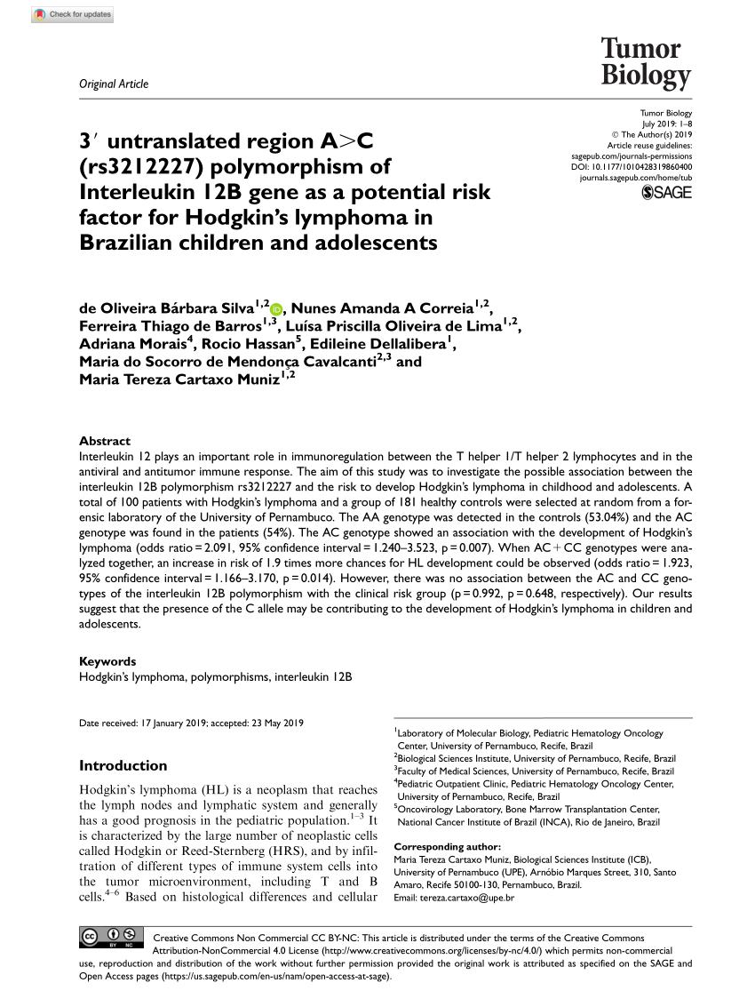 Pdf 3 Untranslated Region A C Rs Polymorphism Of Interleukin 12b Gene As A Potential Risk Factor For Hodgkin S Lymphoma In Brazilian Children And Adolescents