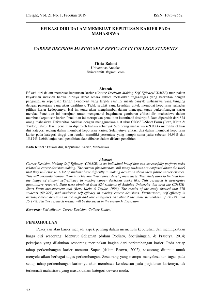 Pdf Efikasi Diri Dalam Membuat Keputusan Karier Pada Mahasiswa