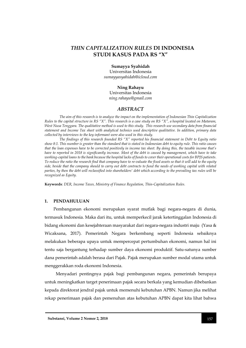 (PDF) Thin Capitalization Rules di Indonesia, Studi Kasus pada RS X
