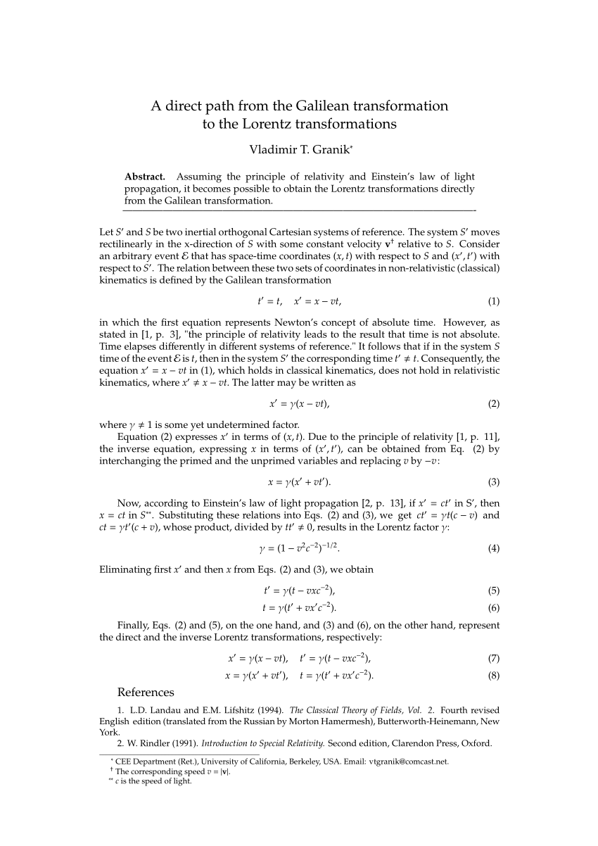 Pdf A Direct Path From The Galilean Transformation To The Lorentz Transformations