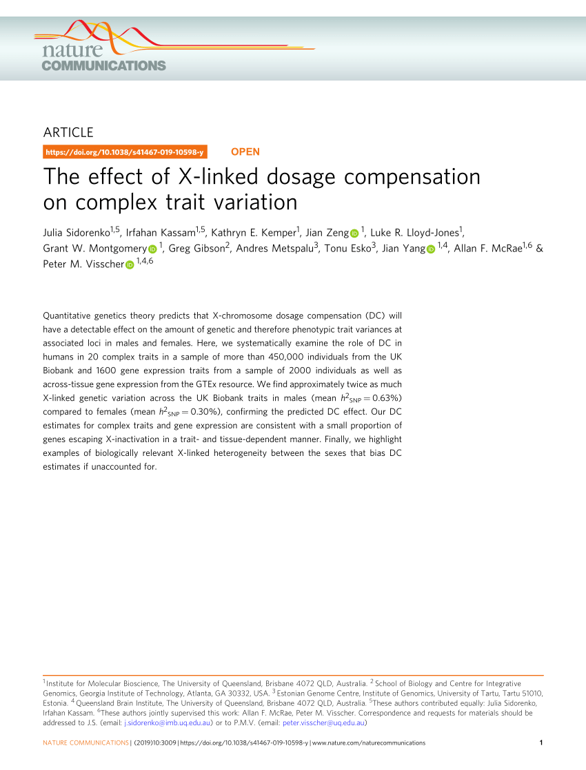 Pdf The Effect Of X Linked Dosage Compensation On Complex Trait Variation