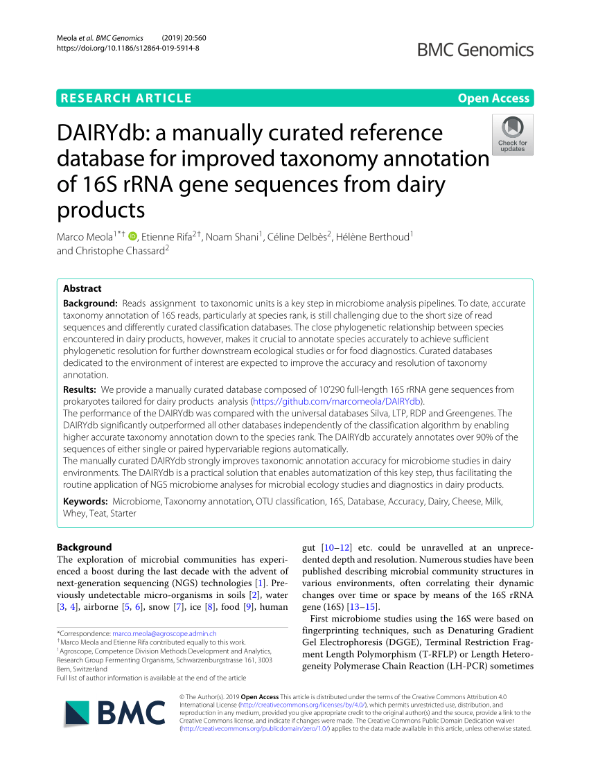 Pdf Dairydb A Manually Curated Reference Database For Improved Taxonomy Annotation Of 16s Rrna Gene Sequences From Dairy Products