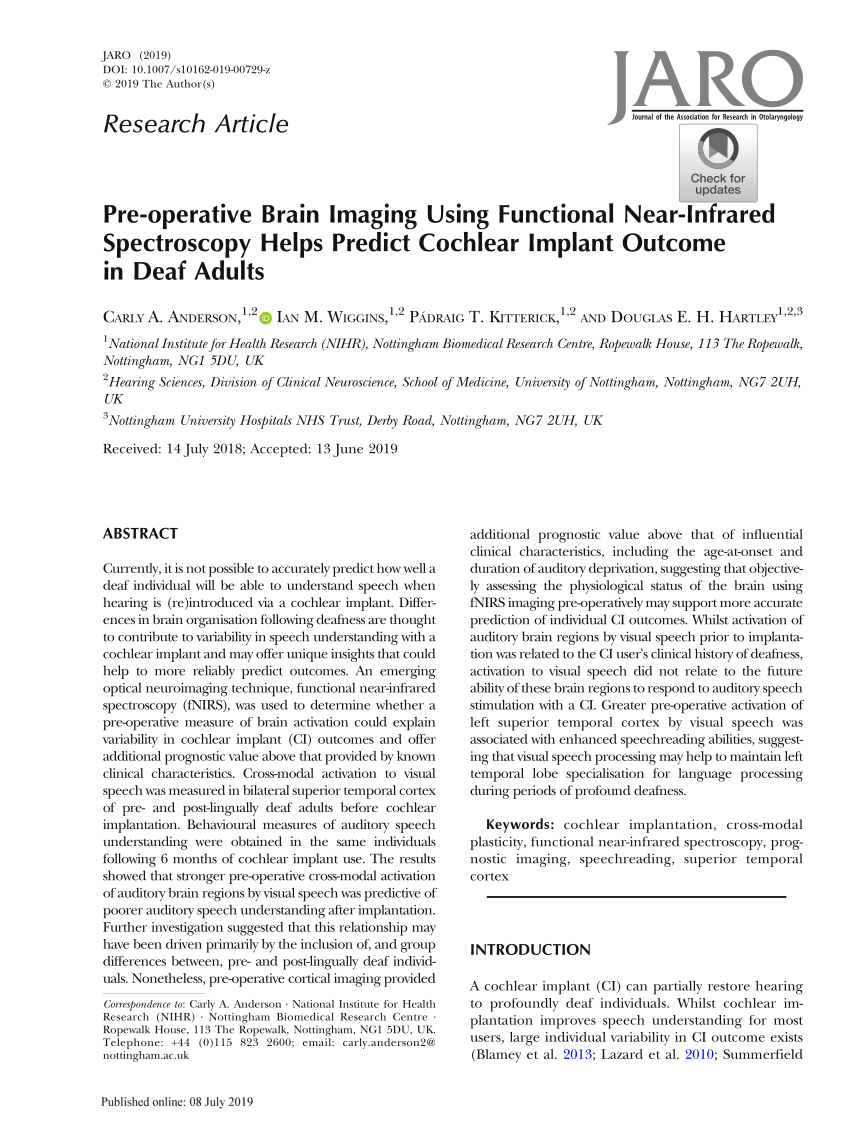 Pdf Pre Operative Brain Imaging Using Functional Near Infrared Spectroscopy Helps Predict Cochlear Implant Outcome In Deaf Adults