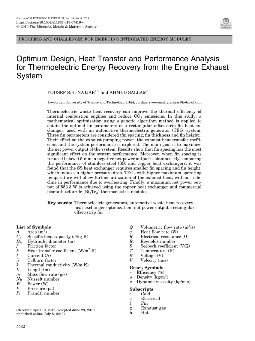 Pdf Optimum Design Heat Transfer And Performance Analysis For Thermoelectric Energy Recovery From The Engine Exhaust System