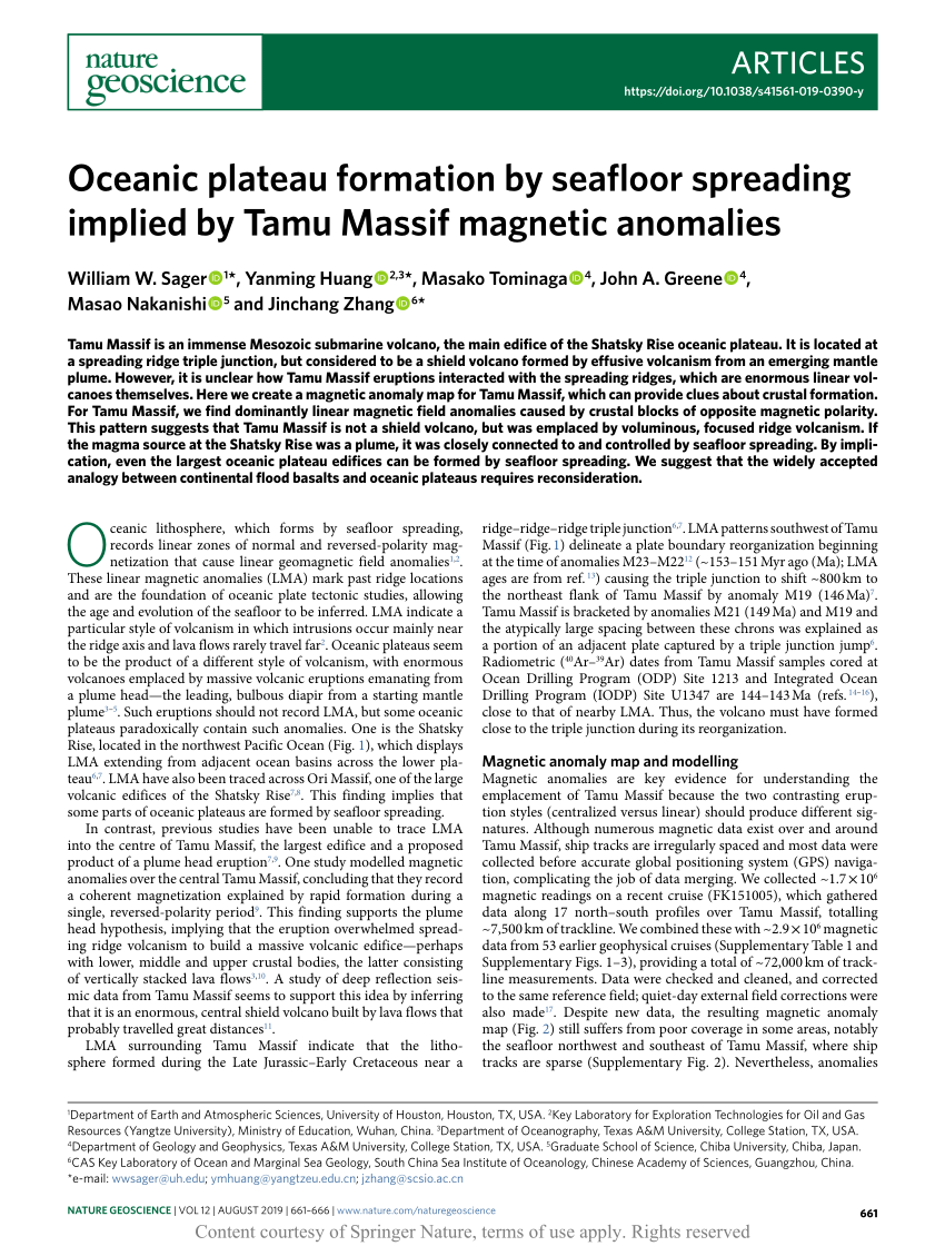 Oceanic Plateau Formation By Seafloor Spreading Implied By