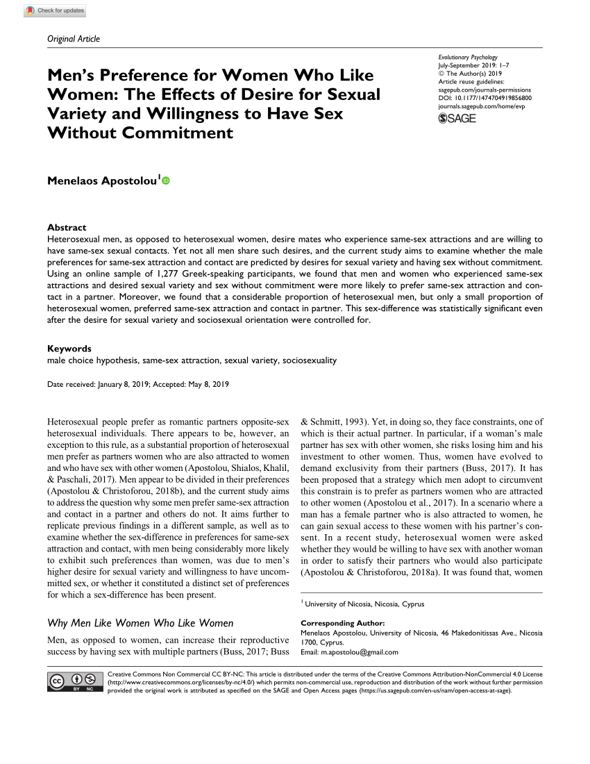 PDF) Mens Preference for Women Who Like Women The Effects of Desire for Sexual Variety and Willingness to Have Sex Without Commitment