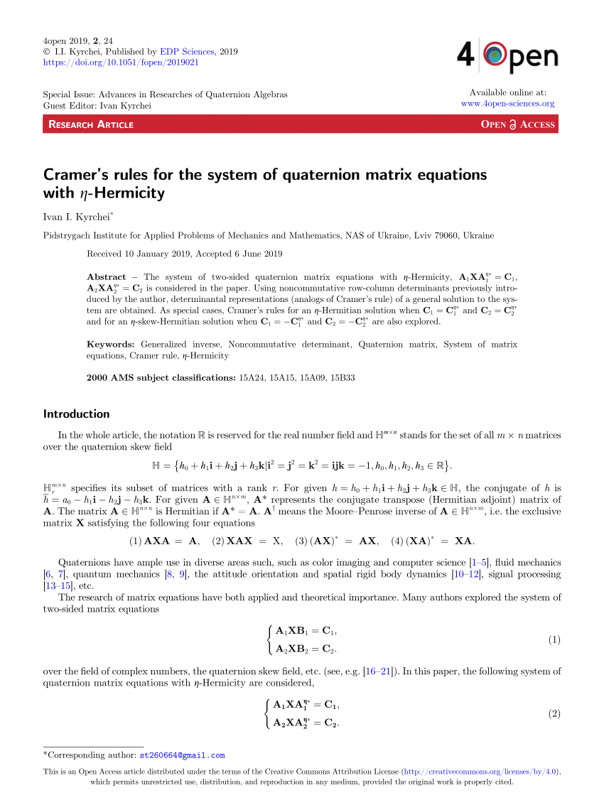 Pdf Cramer S Rules For The System Of Quaternion Matrix Equations With H Hermicity
