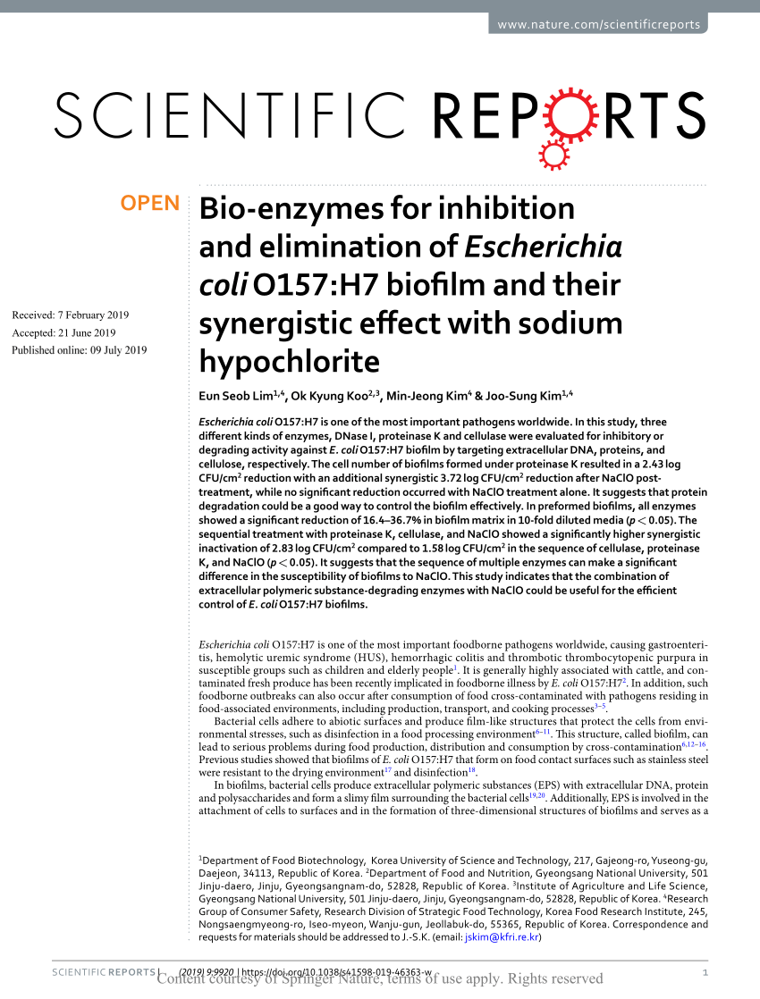 Pdf Bio Enzymes For Inhibition And Elimination Of Escherichia Coli O157 H7 Biofilm And Their Synergistic Effect With Sodium Hypochlorite