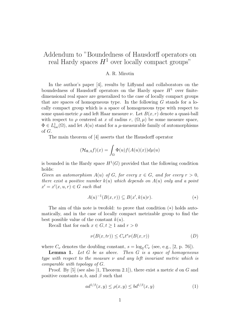 Pdf Addendum To Boundedness Of Hausdorff Operators On Real Hardy Spaces H1 Over Locally Compact Groups J Math Anal Appl 473 19 519 533