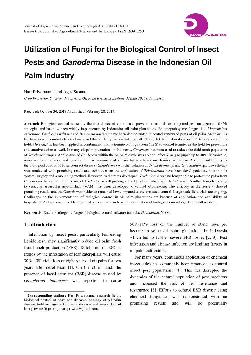 Pdf Utilization Of Fungi For The Biological Control Of Insect Pests And Ganoderma Disease In The Indonesian Oil Palm Industry