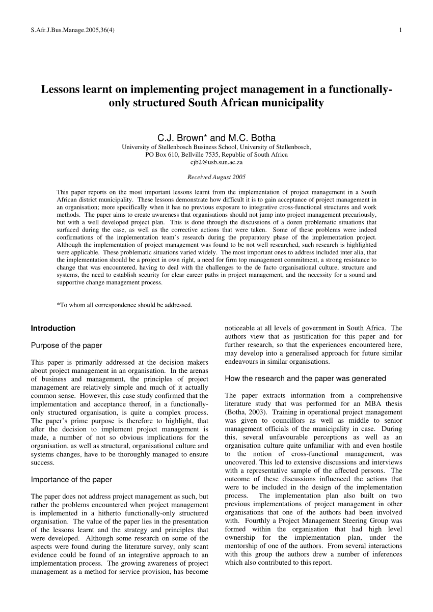 (PDF) Lessons learnt on implementing project management in a