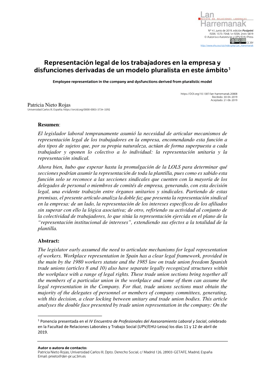 PDF) Representación legal de los trabajadores en la empresa y disfunciones  derivadas de un modelo pluralista en este ámbito