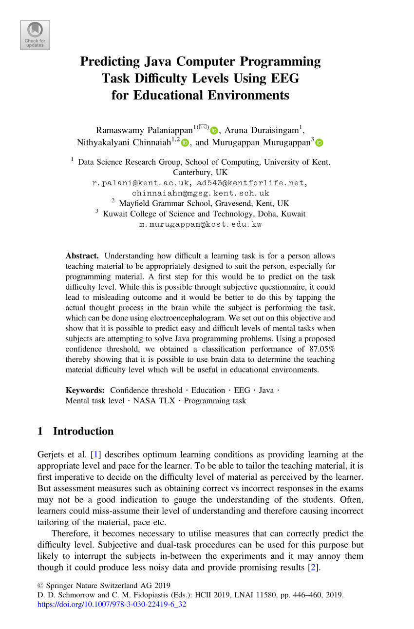 Pdf Predicting Java Computer Programming Task Difficulty Levels Using Eeg For Educational Environments