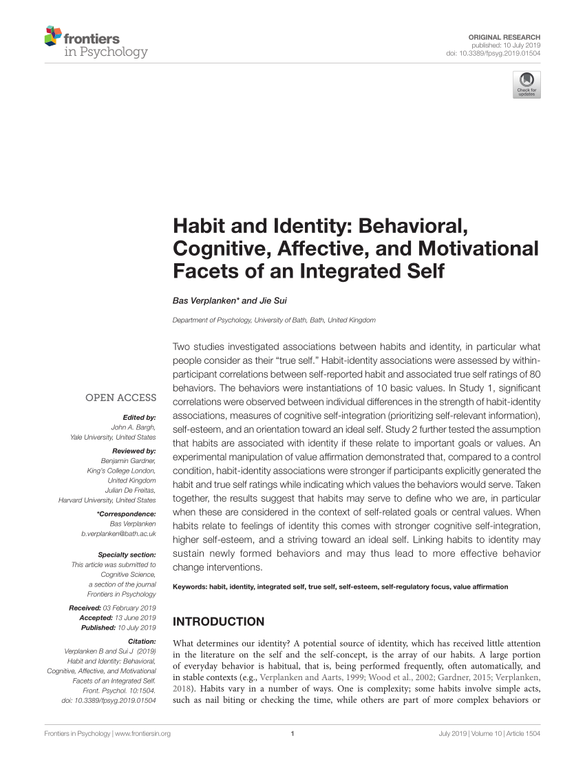 Pdf Habit And Identity Behavioral Cognitive Affective And Motivational Facets Of An Integrated Self