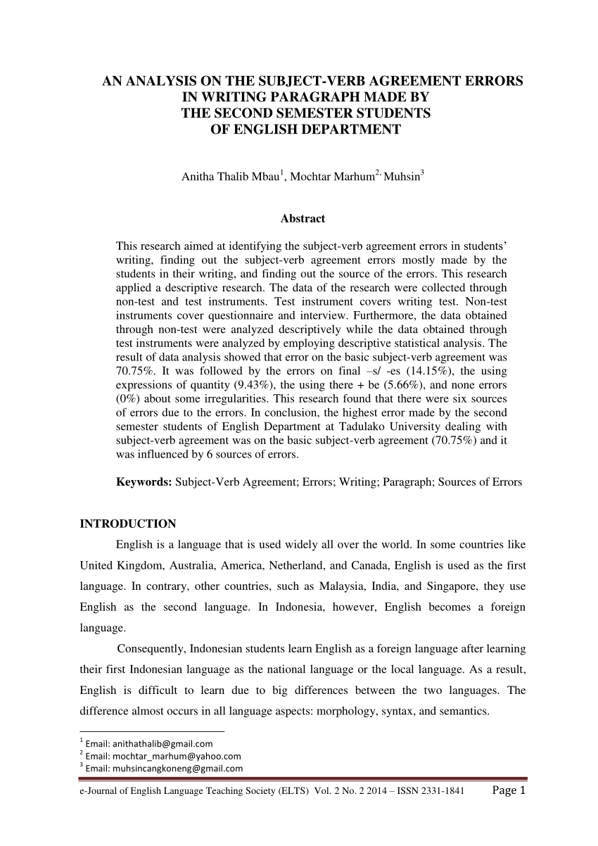 (PDF) AN ANALYSIS ON THE SUBJECT-VERB AGREEMENT ERRORS IN WRITING