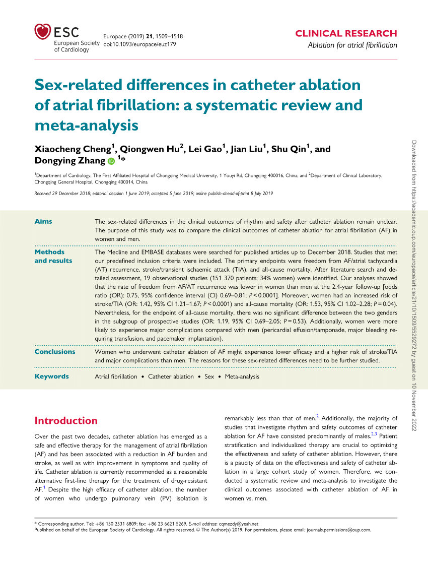 Pdf Sex Related Differences In Catheter Ablation Of Atrial Fibrillation A Systematic Review 2433